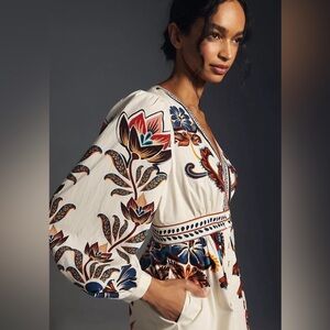 FARM Rio White Cream Buttoned Sundress with Bishop Sleeves